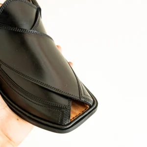 Black Peshawari Chappal with White Sole – Handmade Leather