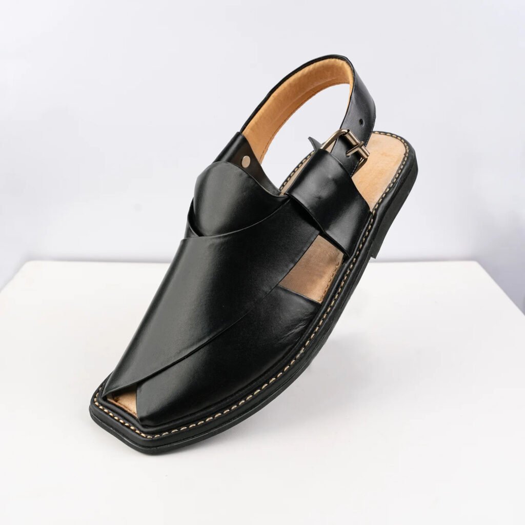 Black Peshawari Chappal with White Sole Handmade Leather