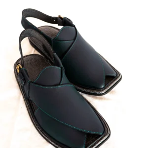 Black Zalmi chappal with teal stitching