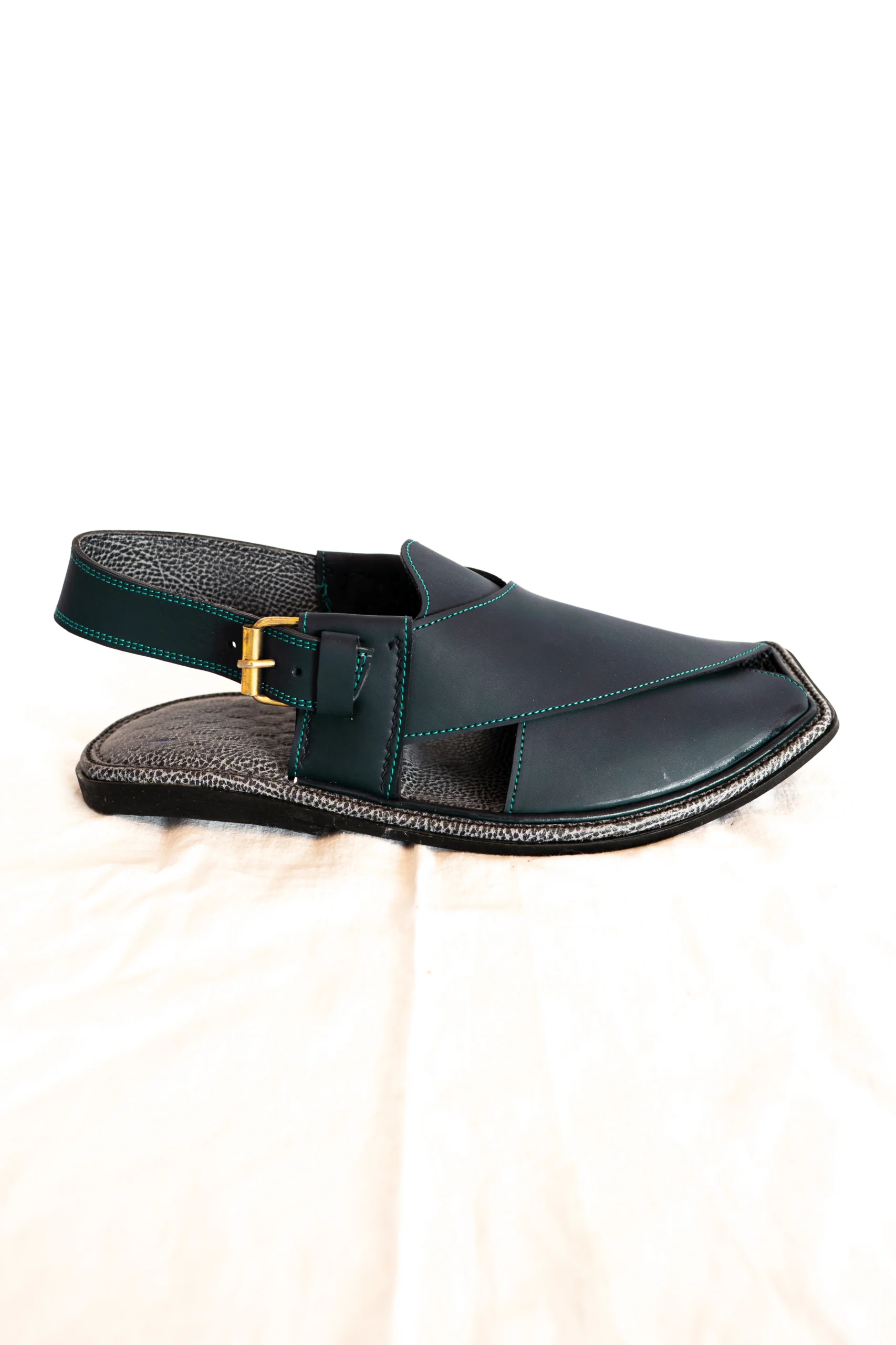 Black Zalmi chappal with teal stitching